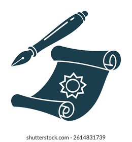 Pen and Scroll – A writing tool and parchment (symbol of divine revelation) EPS Vector File Symbol with Grid Lines