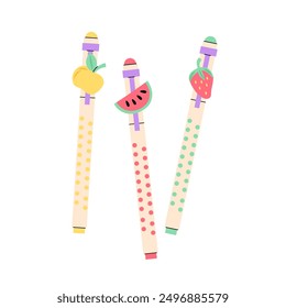 Pen. Set of cute pens with apple, watermelon and strawberrie decorations. School kids stationery in flat style on white background.
