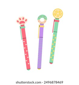 Pen. Set of cute pens with donut, lemon and paw decorations. School kids stationery in flat style on white background.