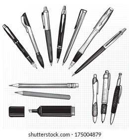 Pen set. Hand drawn vector doodle illustration. Pencils, pens and marker collection isolated on white 