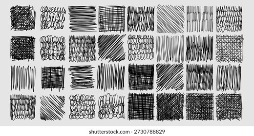 Cuadrados sombreados con lápiz. Garabato de trazo de pluma, textura de boceto de garabato dibujado a mano y Vector de fondo de línea esbozado conjunto de ilustración de garabato cuadrado de trazo de lápiz