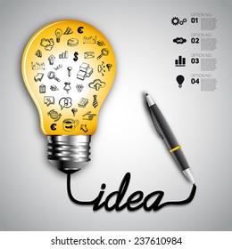 Pen shaped word idea on paper. Business doodles icons set in bulb infographics. Vector illustration