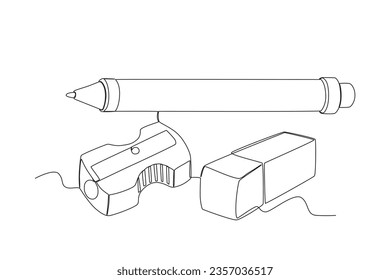 A pen, sharpener, and rubber eraser. School equipment one-line drawing