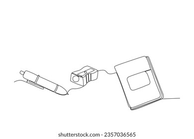 Ein Stift, ein Schärfer und ein Lehrbuch. Einzeilige Zeichnung von Schulgeräten