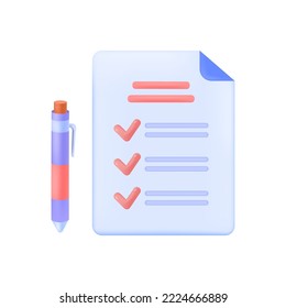Pen and sheet of paper with checklist 3D icon. List of finished tasks and writing tool 3D vector illustration on white background. Education, job, business, time management, organization concept