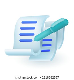 Pen and sheets of paper documents with writing text 3D icon. Notes on pages of notebook, notepad or letter 3D vector illustration on white background. Form, office report, stationery concept