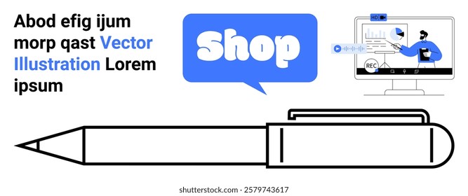 Pen and shop speech bubble, a person working on data analytics displayed on a computer. Ideal for e-commerce, online shopping, data analysis, business strategy, and digital marketing. Banner