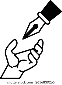 A pen is shown with a hand reaching out to it