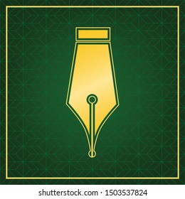 Pen sign illustration. Golden icon with gold contour at dark green gridded white background. Illustration.