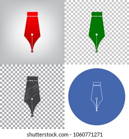 Pen sign illustration. Vector. 4 styles. Red gradient in radial lighted background, green flat and gray scribble icons on transparent and linear one in blue circle.
