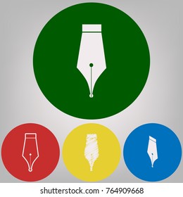 Pen sign illustration. Vector. 4 white styles of icon at 4 colored circles on light gray background.