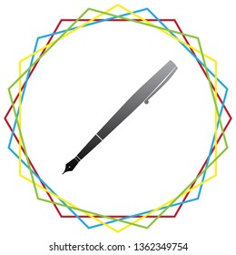 Pen sign illustration. Vector. Black icon with patch of light inside colorful hexagonal frames at white background.