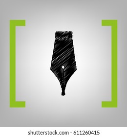 Pen sign illustration. Vector. Black scribble icon in citron brackets on grayish background.