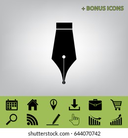 Pen sign illustration. Vector. Black icon at gray background with bonus icons at celery ones