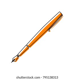 Pen sign illustration. Vector. Black line icon with shifted flat orange filled icon on white background. Isolated.