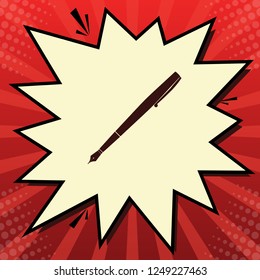 Pen sign illustration. Vector. Dark red icon in lemon chiffon shutter bubble at red popart background with rays.