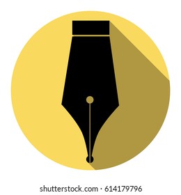 Pen sign illustration. Vector. Flat black icon with flat shadow on royal yellow circle with white background. Isolated.