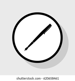 Pen sign illustration. Vector. Flat black icon in white circle with shadow at gray background.