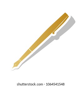 Pen sign illustration. Vector. Golden gradient icon with white contour and rotated gray shadow at white background.