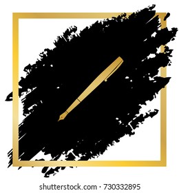 Pen sign illustration. Vector. Golden icon at black spot inside golden frame on white background.