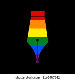 Pen sign illustration. Vector. Icon with colors of LGBT flag at black background.