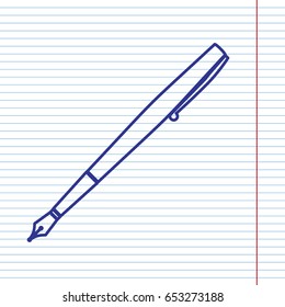 Pen sign illustration. Vector. Navy line icon on notebook paper as background with red line for field.