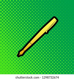 Pen sign illustration. Vector. Pop art orange to yellow dots-gradient icon with black contour at greenish background.