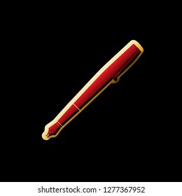 Pen sign illustration. Vector. Red icon with small black and limitless shadows at golden sticker on black background.