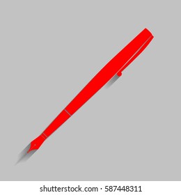Pen sign illustration. Vector. Red icon with soft shadow on gray background.