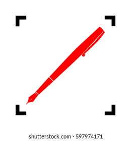Pen sign illustration. Vector. Red icon inside black focus corners on white background. Isolated.