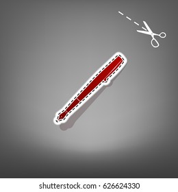 Pen sign illustration. Vector. Red icon with for applique from paper with shadow on gray background with scissors.