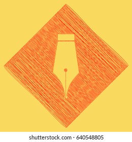 Pen sign illustration. Vector. Red scribble icon obtained as a result of subtraction rhomb and path. Royal yellow background.