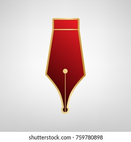 Pen sign illustration. Vector. Red icon on gold sticker at light gray background.