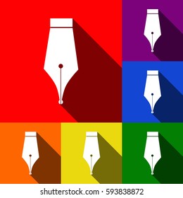 Pen sign illustration. Vector. Set of icons with flat shadows at red, orange, yellow, green, blue and violet background.