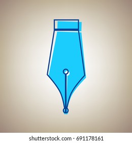 Pen sign illustration. Vector. Sky blue icon with defected blue contour on beige background.