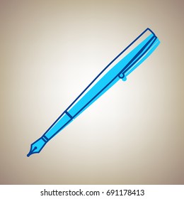 Pen sign illustration. Vector. Sky blue icon with defected blue contour on beige background.