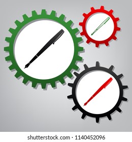 Pen sign illustration. Vector. Three connected gears with icons at grayish background.