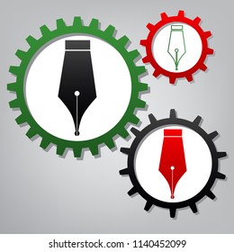 Pen sign illustration. Vector. Three connected gears with icons at grayish background.