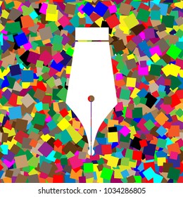 Pen sign illustration. Vector. White icon on colorful background with seamless pattern from squares.