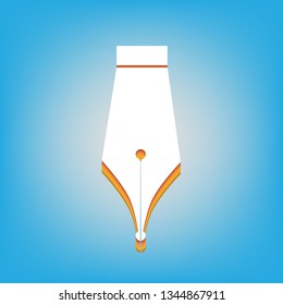 Pen sign illustration. Vector. White icon with 3d warm-colored gradient body at sky blue background.