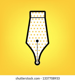 Pen sign illustration. Vector. Yellow polka dot white icon with black contour at warm yellow background.