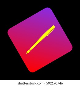 Pen sign illustration. Vector. Yellow icon at violet-red gradient square with rounded corners rotated for dynamics on black background.