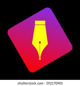 Pen sign illustration. Vector. Yellow icon at violet-red gradient square with rounded corners rotated for dynamics on black background.