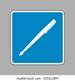 Pen sign illustration. White icon on blue sign as background.