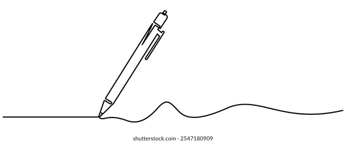 Pen Signature Continuous Line Icon. Continuous one line drawing writing pen isolated minimalist linear illustration made of single line vector illustration. One continuous line drawing of pen writing 