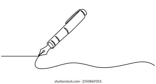 Pen Signature Continuous Line Icon, Continuous one line of fountain pen in silhouette on a white background. Linear stylized.Minimalist, Continuous one line drawing writing pen isolated minimalist.