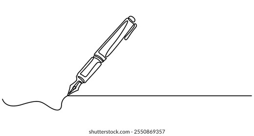 Pen Signature Continuous Line Icon, Continuous one line of fountain pen in silhouette on a white background. Linear stylized.Minimalist, Continuous one line drawing writing pen isolated minimalist.