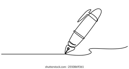 Pen Signature Continuous Line Icon, Continuous one line of fountain pen in silhouette on a white background. Linear stylized.Minimalist, Continuous one line drawing writing pen isolated minimalist.