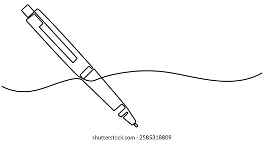  Pen Signature Continuous Line Icon, Continuous one line drawing writing pen isolated minimalist linear illustration made of single line vector illustration, One continuous line of pen writing . 