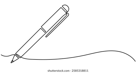  Pen Signature Continuous Line Icon, Continuous one line drawing writing pen isolated minimalist linear illustration made of single line vector illustration, One continuous line of pen writing . 